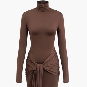 Wrap Ruched High Neck Long Sleeve Maxi Dress